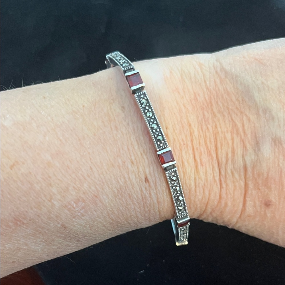 Sterling Silver Marcasite Bracelet with Garnet-Red Accents